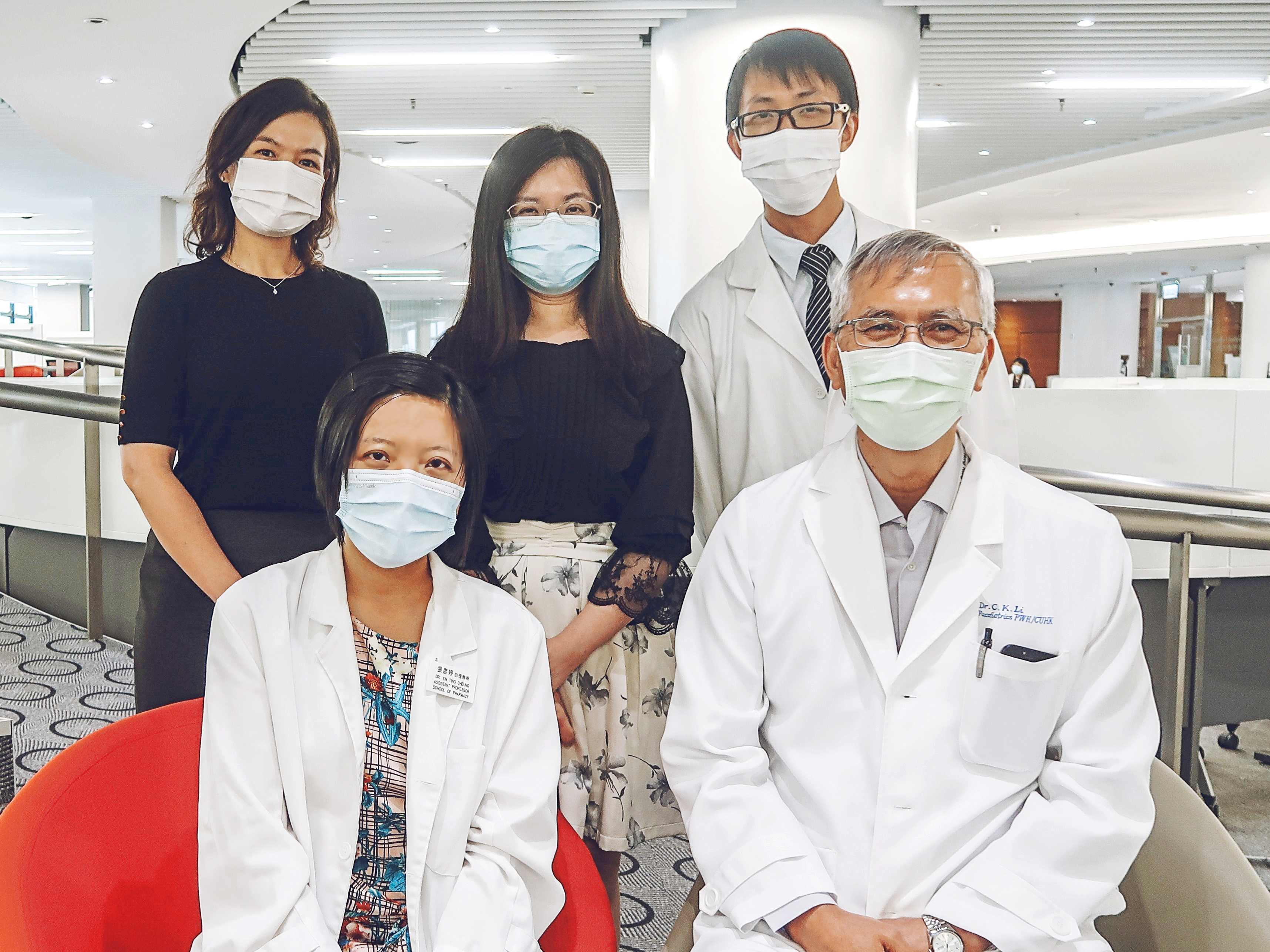 Members of the research team include: (back, from left) Dr. Celeste EWIG, Senior Lecturer, School of Pharmacy; Dr. Katy KOON, Assistant Lecturer, School of Chinese Medicine; Mr. Jason LAM, Pharmacist and MPhil student, School of Pharmacy; (front, from left) Professor Yin Ting CHEUNG, Assistant Professor, School of Pharmacy; and Professor Chi Kong LI, Professor, Department of Paediatrics; at CU Medicine.